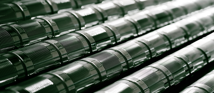 Aluminium cans for food storage, stacked and aligned.