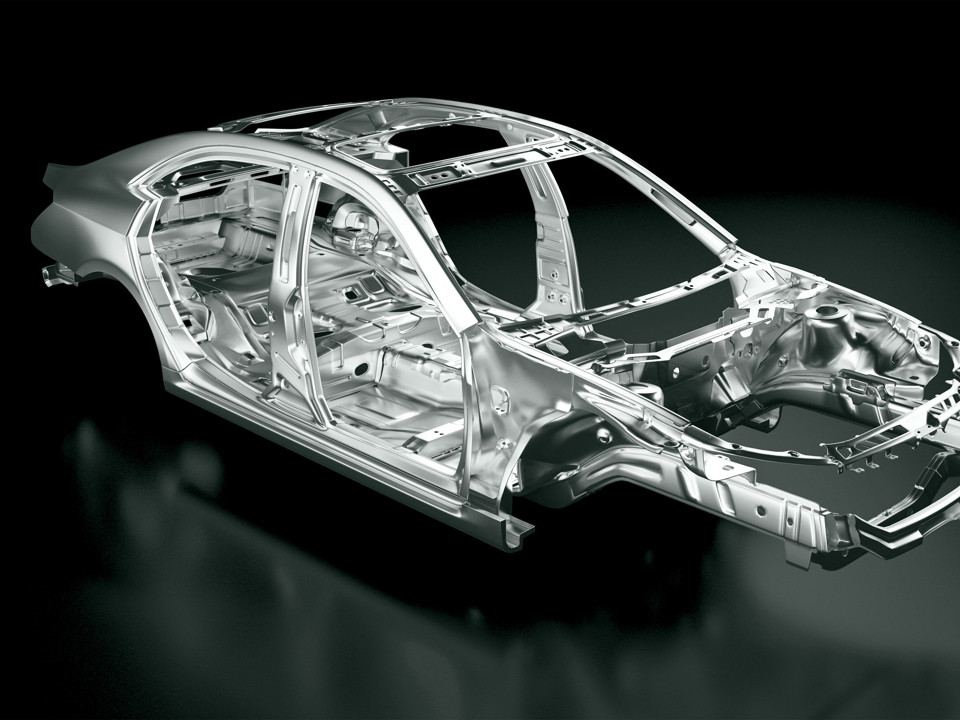 Schematische Darstellung des Rumpfes und der inneren Metallteile eines Autos.