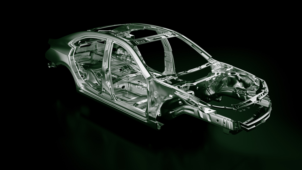 Schematic depiction of a car’s hull and inside metal components.