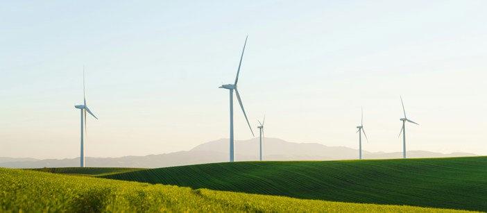 Wind turbines standing in a grassy field landscape on a sunny day.